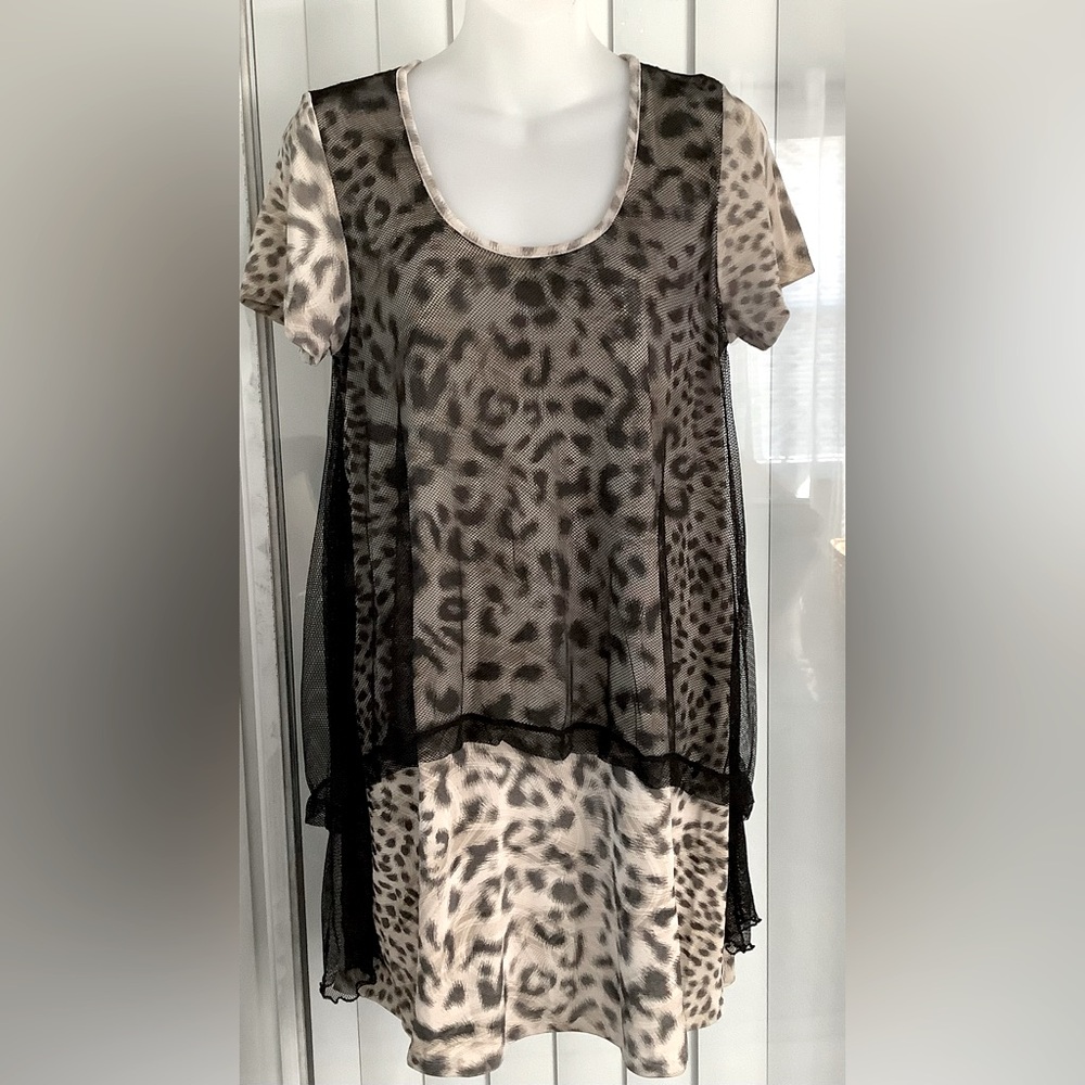 Simon Chang layered look with a mesh overlay and animal print accents dress